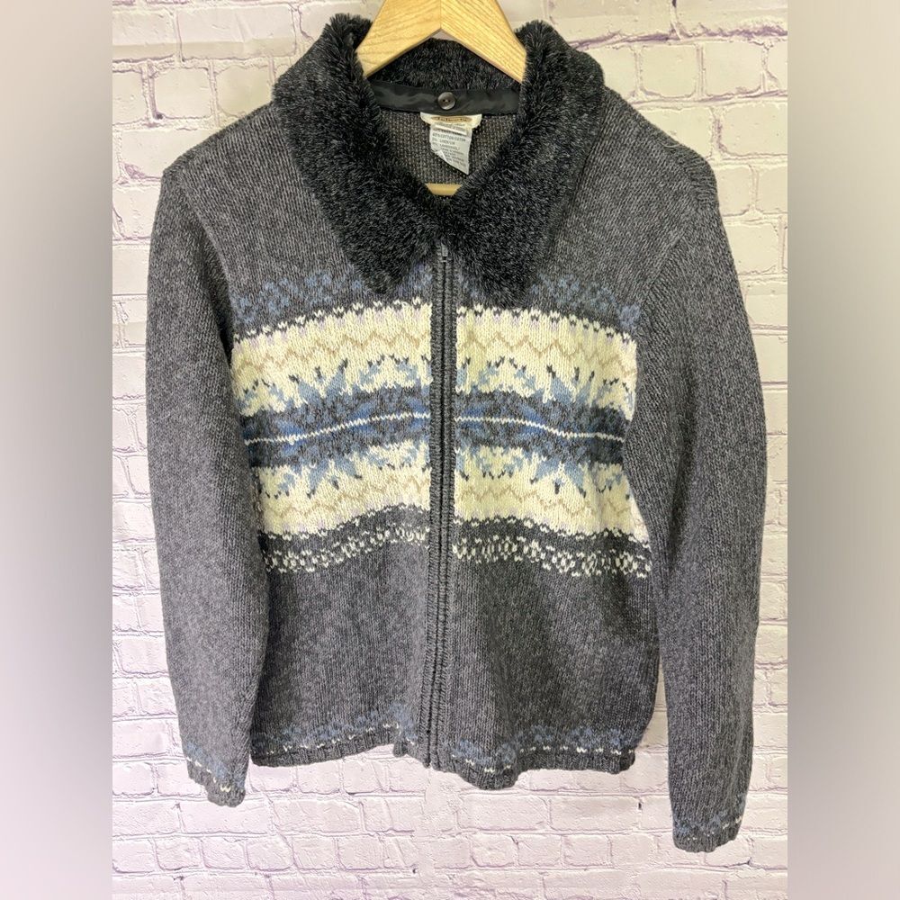 Talbots Gray Nordic Removable Faux Fur Collar Zip Cardigan Sweater Cottagecore M